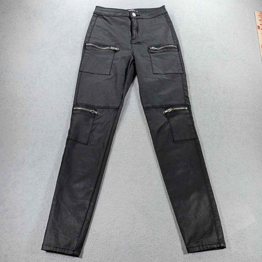 Missguided Petite Cargo Pants Black US 4 Coated Zipper Pockets